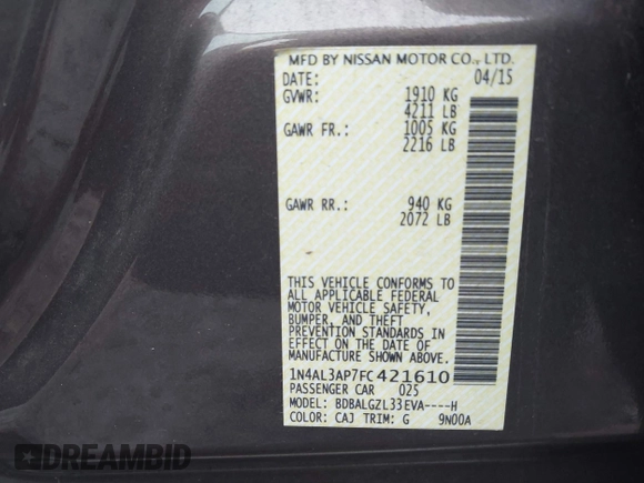 2015 Nissan Altima S with VIN 1N4AL3AP7FC421610, listed as a IAAI auction lot 41731181 with 50,422 mi miles and . Bid and sale history available at DreamBid. Image 9.