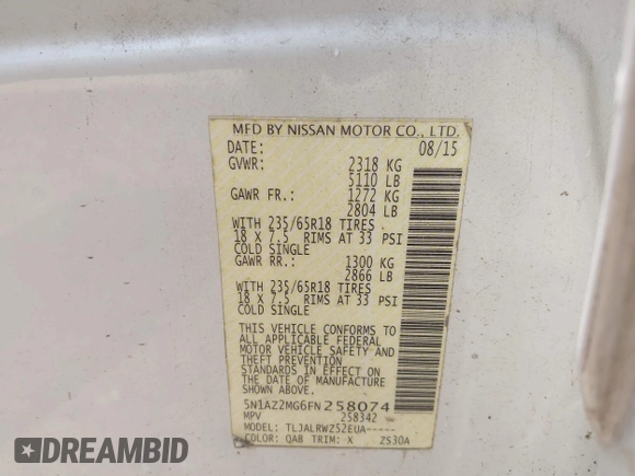2015 Nissan Murano Platinum with VIN 5N1AZ2MG6FN258074, listed as a IAAI auction lot 42478398 with 219,761 mi miles and . Bid and sale history available at DreamBid. Image 9.