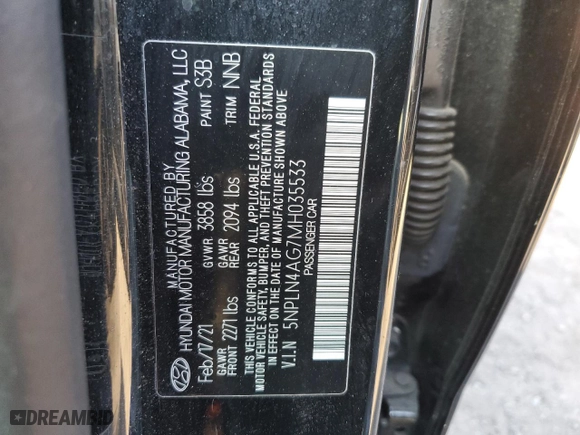 2021 Hyundai Elantra SEL with VIN 5NPLN4AG7MH035533, listed as a Copart auction lot 89397135 with 61,715 mi miles and Salvage Title. Bid and sale history available at carsss.com. Image 12.