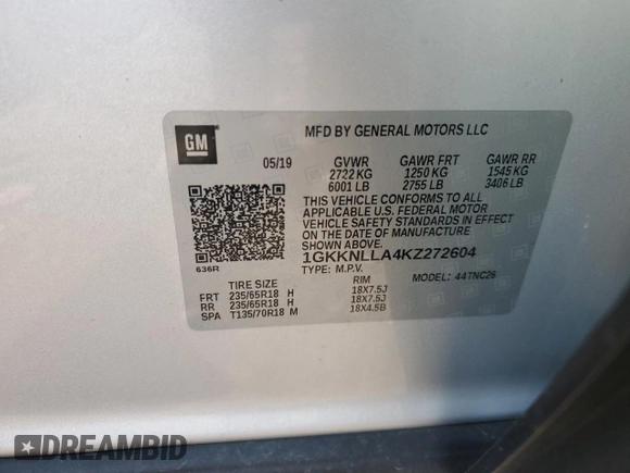 2019 GMC Acadia SLE with VIN 1GKKNLLA4KZ272604, listed as a Copart auction lot 61494355 with 99,828 mi miles and Salvage title. Bid and sale history available at DreamBid. Image 13.