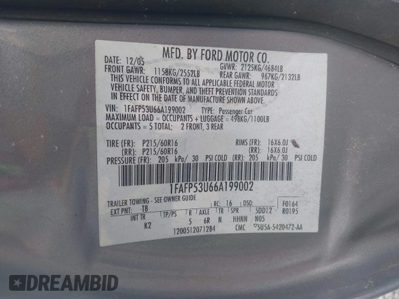 2006 Ford Taurus SE с VIN 1FAFP53U66A199002, выставлен на аукционе IAAI как лот 42209318 с пробегом Не указан миль и . История ставок и продаж доступна на DreamBid. Изображение 9.