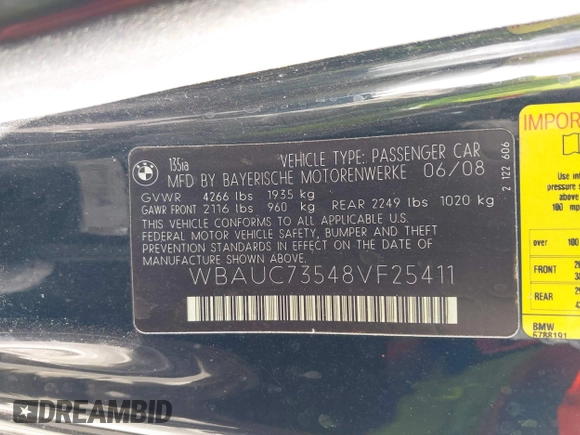 2008 BMW 1 Series 135i with VIN WBAUC73548VF25411, listed as a IAAI auction lot 41479409 with 153,643 mi miles. Bid and sale history available at carsss.com. Image 9.
