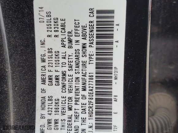 2014 Honda Accord Sedan EX-L with VIN 1HGCR2F80EA277861, listed as a Copart auction lot 49817155 with 154,034 mi miles and Salvage Title. Bid and sale history available at carsss.com. Image 12.
