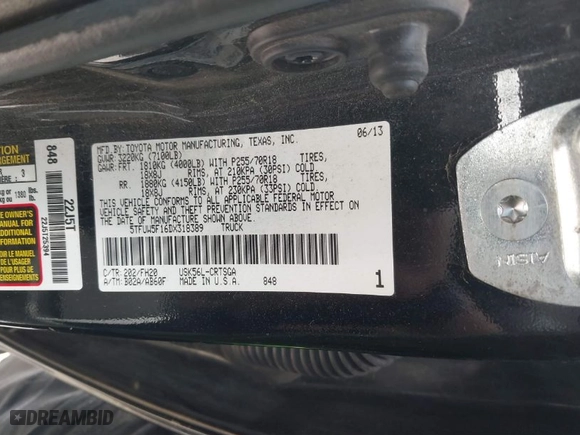 2013 Toyota Tundra 4WD Truck with VIN 5TFUW5F16DX318389, listed as a IAAI auction lot 40647884 with 1 mi miles. Bid and sale history available at carsss.com. Image 9.