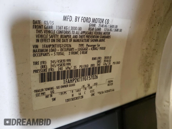 2015 Ford Taurus SHO z VIN 1FAHP2KT1FG157026, wystawiony jako Copart lot #52846065 z przebiegiem 125 107 mil mil oraz Szkoda całkowita • Salvage title. Historia ofert i sprzedaży dostępna na DreamBid. Obrazek 12.