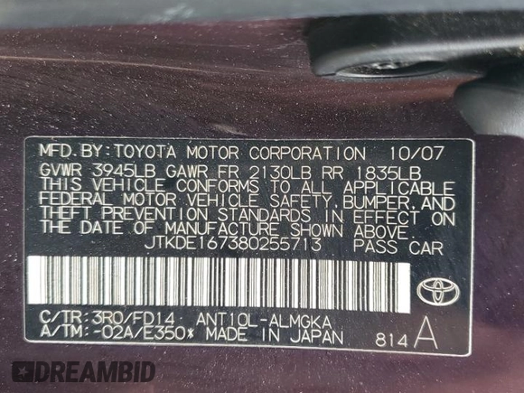 2008 Scion tC Spec with VIN JTKDE167380255713, listed as a Copart auction lot 67165324 with 0 mi miles and Salvage Title. Bid and sale history available at carsss.com. Image 13.