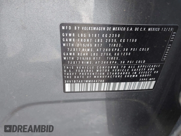 2021 Volkswagen Tiguan S with VIN 3VV1B7AX1MM044788, listed as a IAAI auction lot 41678069 with 91,665 mi miles and . Bid and sale history available at DreamBid. Image 9.