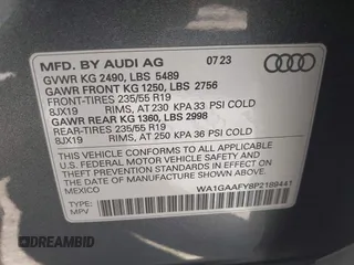 2023 Audi Q5 S line Premium with VIN WA1GAAFY8P2189441, listed as a IAAI auction lot 41734610 with 18,909 mi miles. Bid and sale history available at carsss.com. Image 9.