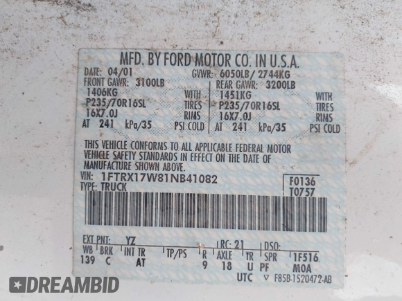 2001 Ford F-150 XL z VIN 1FTRX17W81NB41082, wystawiony jako IAAI lot #41943194 z przebiegiem 207 544 mil mil oraz . Historia ofert i sprzedaży dostępna na DreamBid. Obrazek 9.