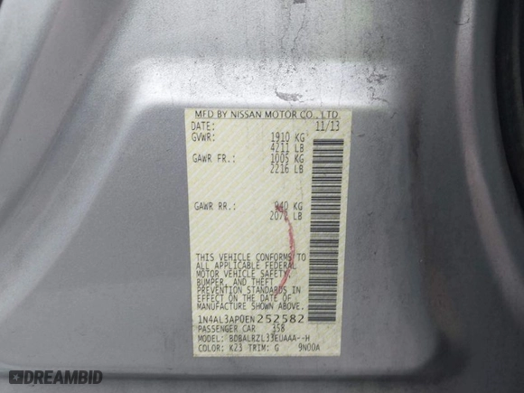 2014 Nissan Altima 2.5 with VIN 1N4AL3AP0EN252582, listed as a IAAI auction lot 41905991 with 170,188 mi miles. Bid and sale history available at carsss.com. Image 9.