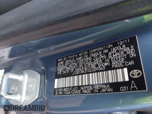 2012 Toyota Yaris with VIN JTDBT4K31CL029363, listed as a IAAI auction lot 41895516 with 156,386 mi miles and . Bid and sale history available at DreamBid. Image 9.