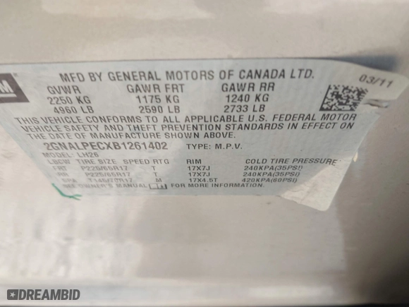 2011 Chevrolet Equinox LT w/2LT with VIN 2GNALPECXB1261402, listed as a IAAI auction lot 41103040 with 161,554 mi miles. Bid and sale history available at carsss.com. Image 9.