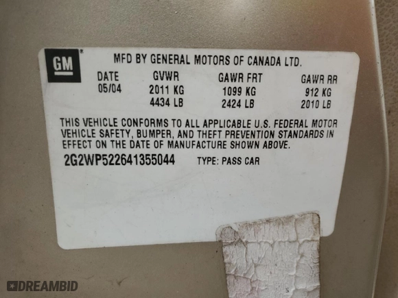 2004 Pontiac Grand Prix GT1 with VIN 2G2WP522641355044, listed as a Copart auction lot 45761945 with 163,069 mi miles and Salvage Title. Bid and sale history available at carsss.com. Image 12.