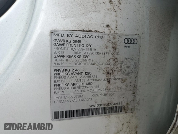 2014 Audi Q5 with VIN WA1DGCFP3EA042581, listed as a Copart auction lot 50334365 with 271,793 mi miles and Salvage title. Bid and sale history available at DreamBid. Image 12.