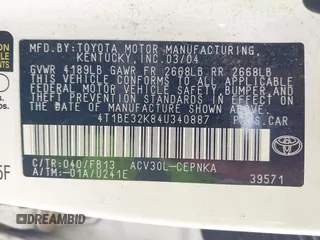 2004 Toyota Camry LE with VIN 4T1BE32K84U340887, listed as a IAAI auction lot 42143000 with Not Provided miles and . Bid and sale history available at DreamBid. Image 9.