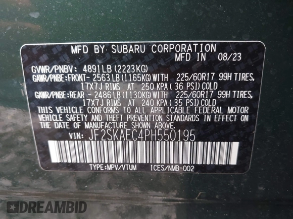2023 Subaru Forester Premium z VIN JF2SKAEC4PH550195, wystawiony jako IAAI lot #42090869 z przebiegiem 7 271 mil mil oraz . Historia ofert i sprzedaży dostępna na DreamBid. Obrazek 9.
