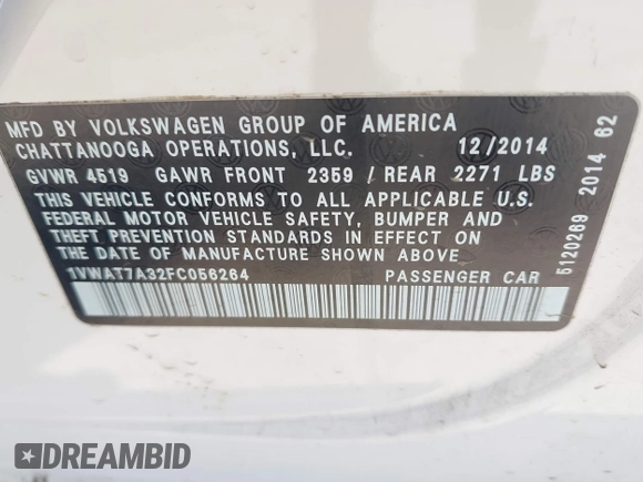 2015 Volkswagen Passat Limited Edition Edition z VIN 1VWAT7A32FC056264, wystawiony jako IAAI lot #42320310 z przebiegiem 155 212 mil mil oraz . Historia ofert i sprzedaży dostępna na DreamBid. Obrazek 9.