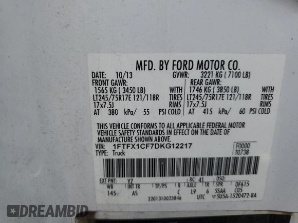 2013 Ford F-150 XL с VIN 1FTFX1CF7DKG12217, выставлен на аукционе Copart как лот 60884535 с пробегом 274 243 миль миль и Чистый • Clean title. История ставок и продаж доступна на DreamBid. Изображение 12.