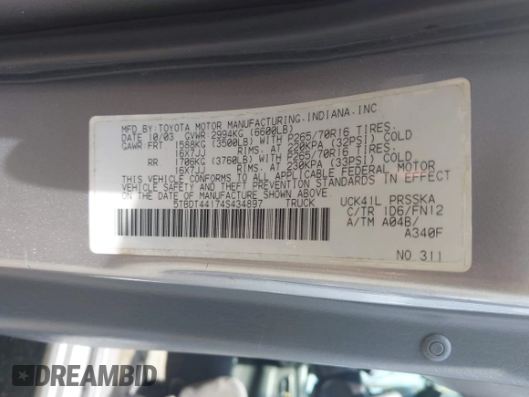 2004 Toyota Tundra SR5 with VIN 5TBDT44174S434897, listed as a IAAI auction lot 42128806 with 218,054 mi miles and . Bid and sale history available at DreamBid. Image 9.