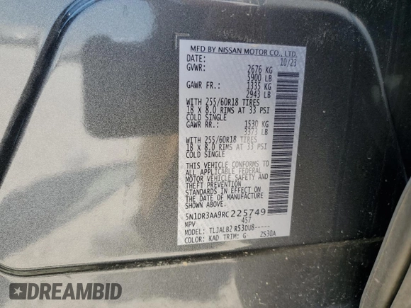 2024 Nissan Pathfinder S with VIN 5N1DR3AA9RC225749, listed as a Copart auction lot 68127344 with 12,636 mi miles and Clean title. Bid and sale history available at DreamBid. Image 14.