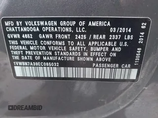 2014 Volkswagen Passat SE с VIN 1VWBN7A39EC085032, выставлен на аукционе IAAI как лот 41931302 с пробегом 193 425 миль миль и . История ставок и продаж доступна на DreamBid. Изображение 9.