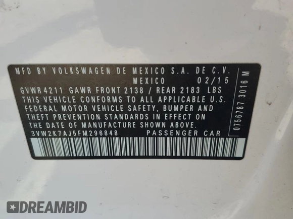 2015 Volkswagen Jetta S with VIN 3VW2K7AJ5FM296848, listed as a Copart auction lot 54992755 with 99,479 mi miles and Clean title. Bid and sale history available at DreamBid. Image 12.