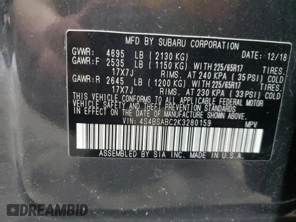 2019 Subaru Outback with VIN 4S4BSABC2K3280159, listed as a Copart auction lot 53825405 with 88,360 mi miles and Salvage title. Bid and sale history available at DreamBid. Image 13.