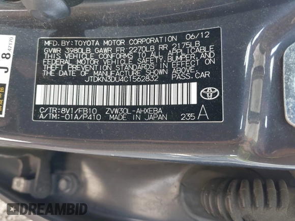 2012 Toyota Prius One z VIN JTDKN3DU4C1562832, wystawiony jako IAAI lot #42148967 z przebiegiem 264 211 mil mil oraz . Historia ofert i sprzedaży dostępna na DreamBid. Obrazek 9.