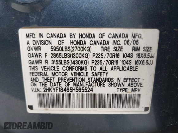 2005 Honda Pilot EX with VIN 2HKYF18465H565524, listed as a IAAI auction lot 41927812 with 218,637 mi miles. Bid and sale history available at carsss.com. Image 9.