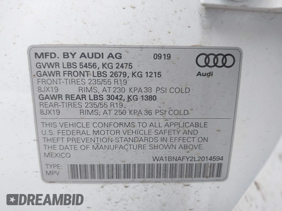 2020 Audi Q5 Premium Plus with VIN WA1BNAFY2L2014594, listed as a IAAI auction lot 41765211 with 63,600 mi miles. Bid and sale history available at carsss.com. Image 9.