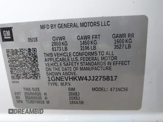 2018 Chevrolet Traverse LT z VIN 1GNEVHKW4JJ275817, wystawiony jako IAAI lot #42179473 z przebiegiem 81 595 mil mil oraz . Historia ofert i sprzedaży dostępna na DreamBid. Obrazek 9.