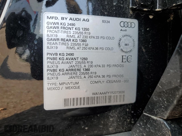 2024 Audi Q5 Komfort with VIN WA1AAAFY1R2073636, listed as a Copart auction lot 62625984 with 0 mi miles and Salvage Title. Bid and sale history available at carsss.com. Image 12.