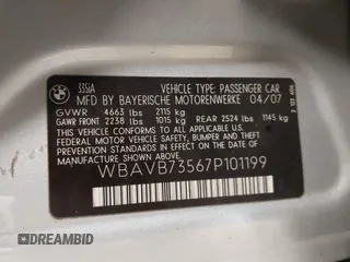 2007 BMW 3 Series 335i with VIN WBAVB73567P101199, listed as a IAAI auction lot 42376366 with 76,839 mi miles and . Bid and sale history available at DreamBid. Image 9.