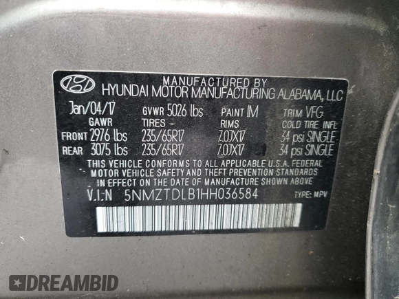 2017 Hyundai Santa Fe 2.4L z VIN 5NMZTDLB1HH036584, wystawiony jako Copart lot #56033815 z przebiegiem 56 003 mil mil oraz Szkoda całkowita • Salvage title. Historia ofert i sprzedaży dostępna na DreamBid. Obrazek 13.