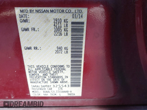 2014 Nissan Altima SL with VIN 1N4AL3AP0EC325543, listed as a IAAI auction lot 41272212 with 176,199 mi miles and . Bid and sale history available at DreamBid. Image 9.