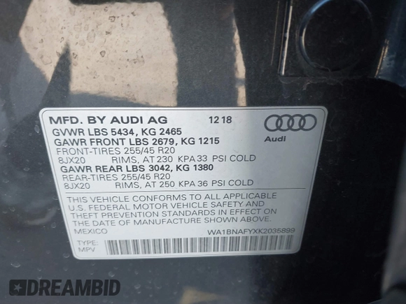 2019 Audi Q5 Premium Plus with VIN WA1BNAFYXK2035899, listed as a IAAI auction lot 41086068 with 26,529 mi miles. Bid and sale history available at carsss.com. Image 9.