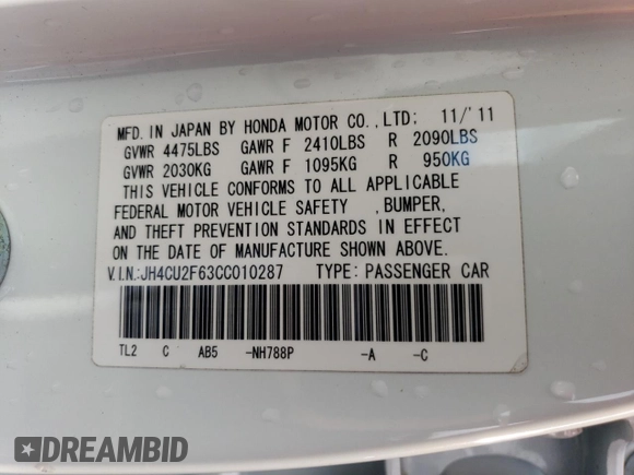 2012 Acura TSX Tech Pkg with VIN JH4CU2F63CC010287, listed as a Copart auction lot 86435164 with 97,922 mi miles and Salvage Title. Bid and sale history available at carsss.com. Image 12.