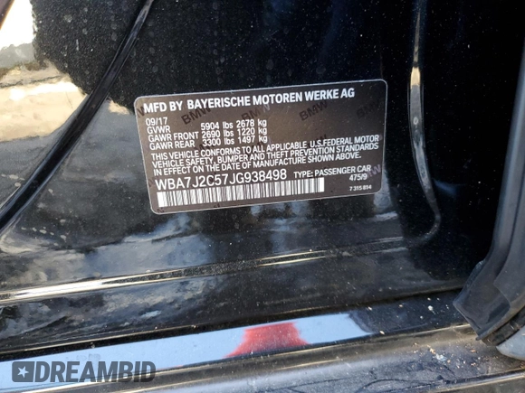 2018 BMW 7 Series 740e xDrive iPerformance with VIN WBA7J2C57JG938498, listed as a Copart auction lot 36909604 with 0 mi miles. Bid and sale history available at carsss.com. Image 13.