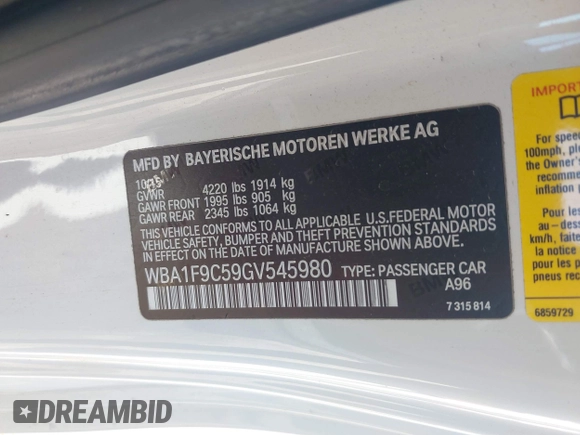 2016 BMW 2 Series 228i with VIN WBA1F9C59GV545980, listed as a IAAI auction lot 42515279 with 59,525 mi miles and . Bid and sale history available at DreamBid. Image 9.