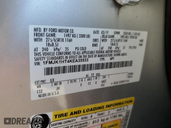 2019 Ford Expedition Max XLT with VIN 1FMJK1HT4KEA35533, listed as a Copart auction lot 42554395 with 145,345 mi miles and Salvage title. Bid and sale history available at DreamBid. Image 14.