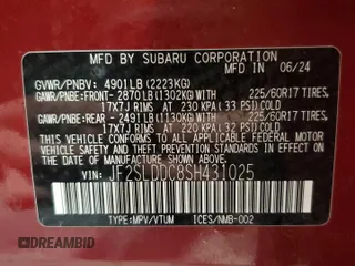 2025 Subaru Forester Premium with VIN JF2SLDDC8SH431025, listed as a Copart auction lot 54746375 with 15,502 mi miles and Salvage title. Bid and sale history available at DreamBid. Image 14.