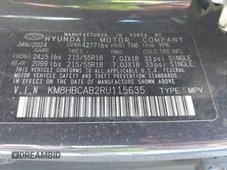 2024 Hyundai Kona SEL with VIN KM8HBCAB2RU115635, listed as a IAAI auction lot 42061412 with 16,011 mi miles. Bid and sale history available at carsss.com. Image 9.