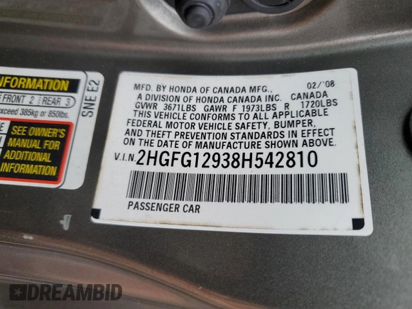 2008 Honda Civic Cpe EX-L with VIN 2HGFG12938H542810, listed as a Copart auction lot 47211024 with Not Provided miles and Salvage Title. Bid and sale history available at carsss.com. Image 12.