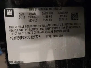 2012 Chevrolet Volt with VIN 1G1RB6E4XCU121723, listed as a IAAI auction lot 41856073 with 137,274 mi miles and . Bid and sale history available at carsss.com. Image 9.