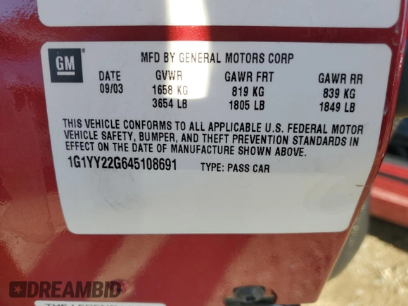 2004 Chevrolet Corvette with VIN 1G1YY22G645108691, listed as a Copart auction lot 67849443 with 0 mi miles and Salvage Title. Bid and sale history available at carsss.com. Image 12.