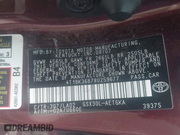 2008 Toyota Avalon XL with VIN 4T1BK36B78U259677, listed as a IAAI auction lot 41977275 with 246,736 mi miles. Bid and sale history available at carsss.com. Image 9.