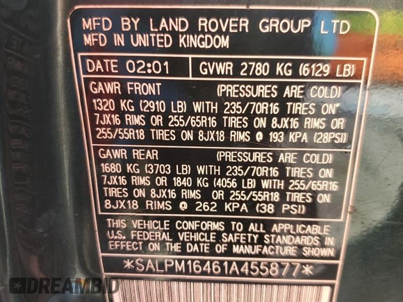 2001 Land Rover Range Rover z VIN SALPM16461A455877, wystawiony jako Copart lot #73062514 z przebiegiem Nie podano mil oraz Czysty tytuł • Clean title. Historia ofert i sprzedaży dostępna na DreamBid. Obrazek 13.