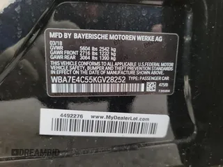 2019 BMW 7 Series 740i xDrive with VIN WBA7E4C55KGV28252, listed as a Copart auction lot 50657795 with 60,789 mi miles and Salvage title. Bid and sale history available at DreamBid. Image 10.