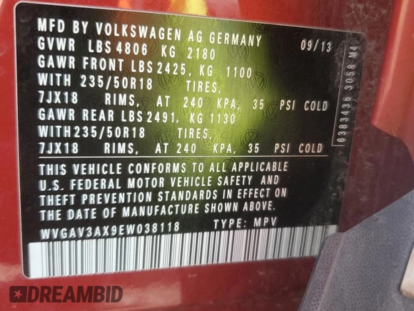 2014 Volkswagen Tiguan SE with VIN WVGAV3AX9EW038118, listed as a Copart auction lot 56329625 with 134,620 mi miles and Salvage title. Bid and sale history available at DreamBid. Image 12.
