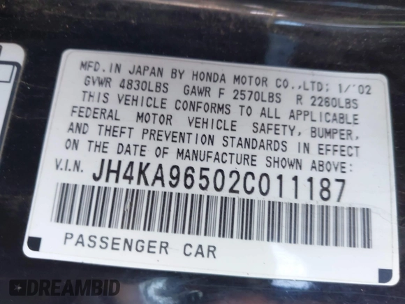 2002 Acura RL with VIN JH4KA96502C011187, listed as a IAAI auction lot 41324456 with 181,284 mi miles and . Bid and sale history available at DreamBid. Image 9.